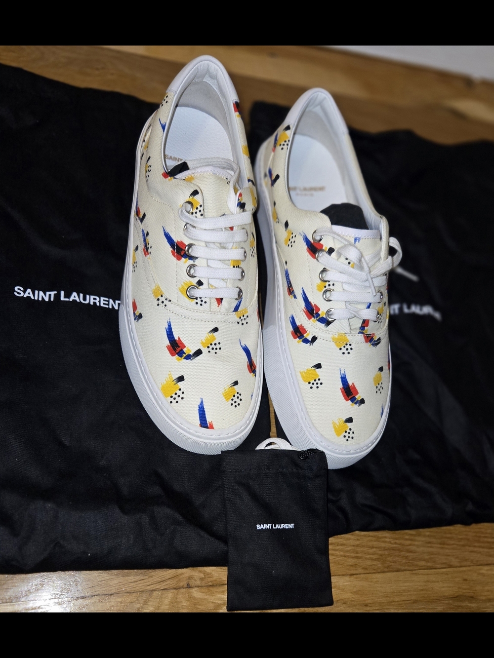 NEW Yves Saint Laurent White Canvas Sneakers with Red Blue Yellow Print